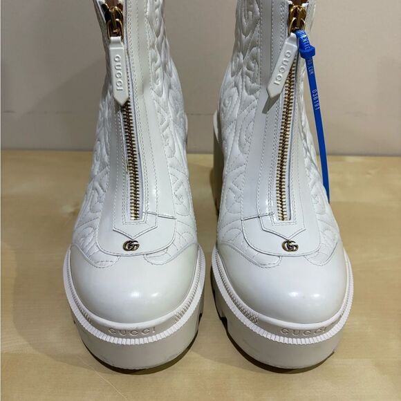 Gucci Trip Zip Front Ankle Boots White Rhombus GG Quilted Block Heel - Picture 3 of 10